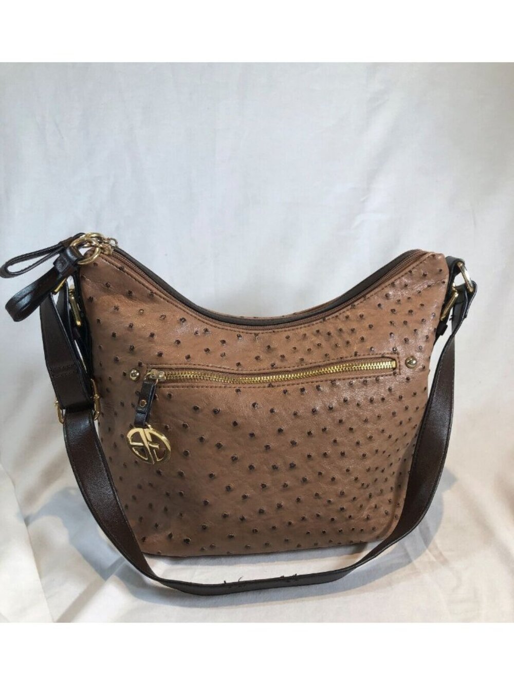 Giani Bernini Embossed Tan Faux Ostrich Leather Hobo Shoulder Bag, EUC